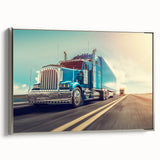 Framed canvas featuring a vintage poster of colorful trucks in profile, set against a black background.