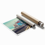 Extra large wall art featuring a muted color palette with various trucks, printed on rolled canvas.