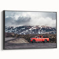 Black and white framed canvas featuring a side view of vintage trucks, ideal for bedroom wall decor.
