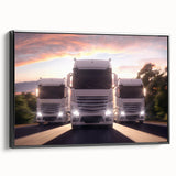 Black and white framed canvas of vintage trucks in a row, ideal for bedroom or living room decor.