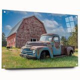 Acrylic print of abstract trucks in muted green and blue, ideal for modern dining room decor.