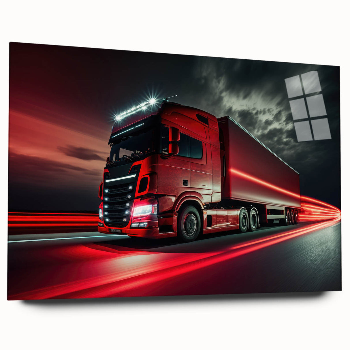 Acrylic print of a side view of colorful abstract trucks, ideal for bedroom or dining room art.