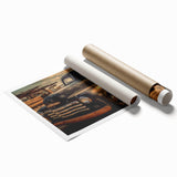 Extra large wall art featuring a collection of vintage trucks in muted earth tones on a rolled print.