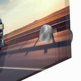 Mid-century modernist art of abstract trucks in muted earth tones on acrylic glass, suitable for dining room art.