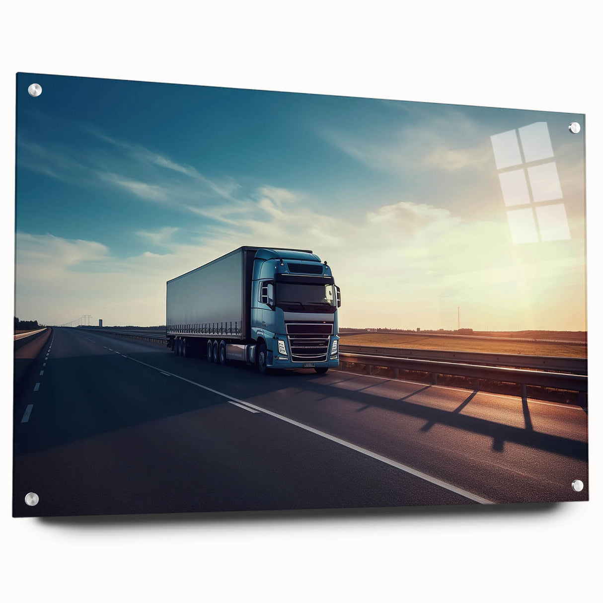Side view of trucks in muted earth tones on acrylic glass, suitable for dining room decor.