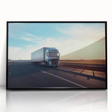 Large abstract wall art featuring a collection of stylized trucks in black and gray tones on a framed acrylic print.