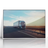 Art deco poster of colorful trucks in a row on white acrylic, ideal for nursery wall art.