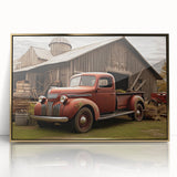 Mid-century modernist art of colorful trucks on acrylic print, framed in gold, suitable for nursery wall decor.
