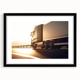 Extra large abstract art print featuring colorful, textured trucks on a black framed canvas, ideal for living room decor.