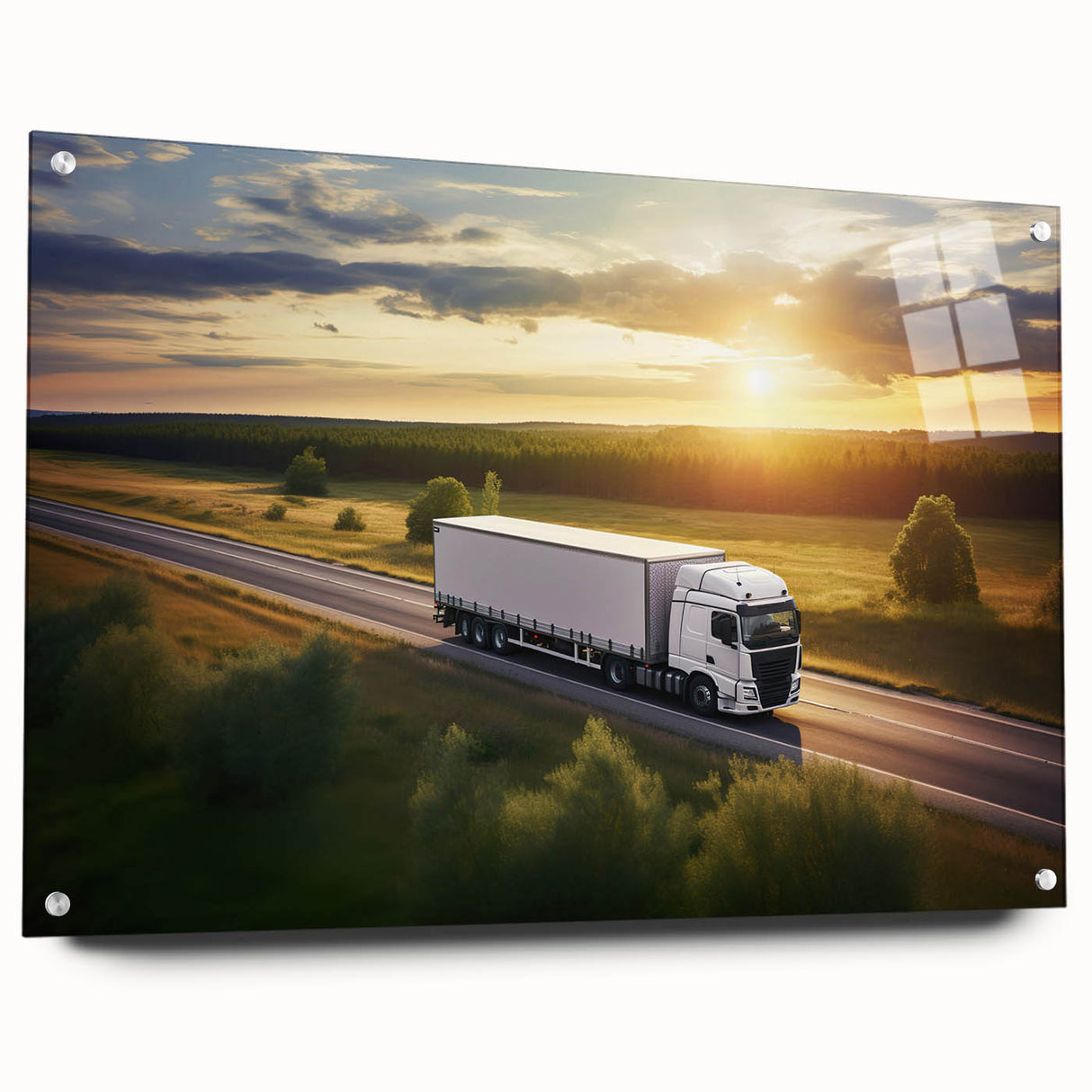 Acrylic print of a side view of assorted trucks in vibrant primary colors, suitable for bedroom or dining room decor.