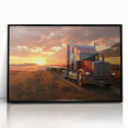 Large abstract wall art featuring a series of geometric trucks in mid-century modernist style.