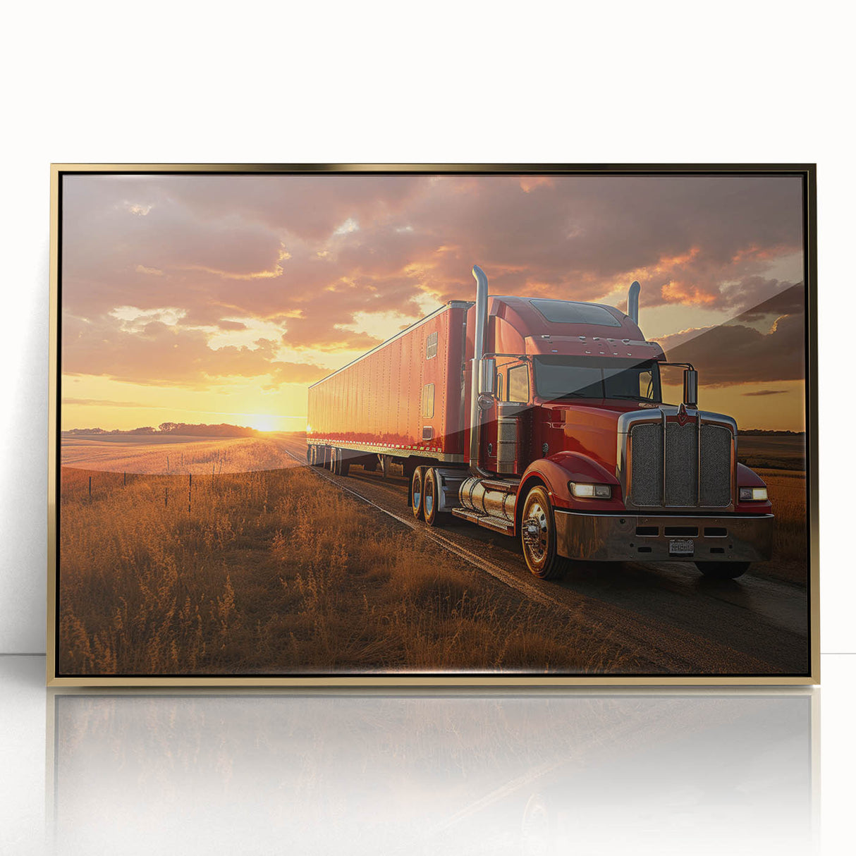 Mid-century modernist style trucks in muted colors on a large framed acrylic print, suitable for nursery wall decor.