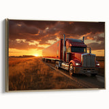 Framed canvas featuring a vintage poster art of black trucks in a landscape, ideal for bedroom wall decor.