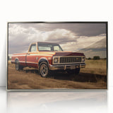 Mid-century modernist art featuring trucks in muted colors on a silver-framed acrylic, ideal for nursery wall art.