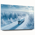 Side view of a truck in vivid blue and red on acrylic glass, ideal for dining room or bedroom wall art.