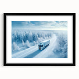 Abstract art print featuring colorful, textured trucks on a black framed canvas.