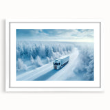 Abstract art print of colorful trucks in a white frame, ideal for dining room decor.