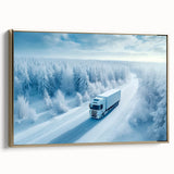 Vintage poster art of trucks in landscape, with black and gold tones on a framed canvas, suitable for bedroom decor.