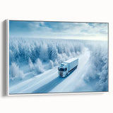 Vintage poster art of colorful trucks on a black background, framed canvas, ideal for living room decor.