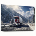 Acrylic print of a side view of various trucks in vibrant colors, suitable for dining room or bedroom decor.