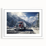 Abstract art print of colorful trucks in a row on white framed mat, suitable for dining room decor.