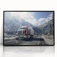 Large abstract wall art featuring a collection of trucks in black and gray tones, acrylic print in a black frame.