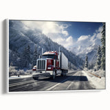 Vintage poster art featuring a collection of colorful trucks on a large framed canvas, ideal for living room decor.