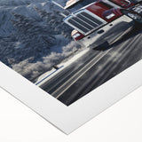 Art deco poster featuring a collection of vintage trucks in muted colors on rolled canvas, suitable for dining room decor.