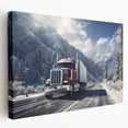 Side view of colorful trucks in a row on stretched canvas, ideal for kitchen wall art.