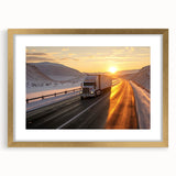 Extra large abstract art print of trucks in vibrant orange and gray, framed in gold, ideal for living room decor.