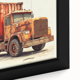 Extra large framed canvas with textured, colorful art of trucks, ideal for living room decor.
