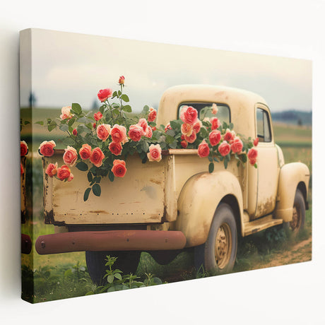 Side view of colorful trucks in a row on a stretched canvas, ideal for kitchen wall art.