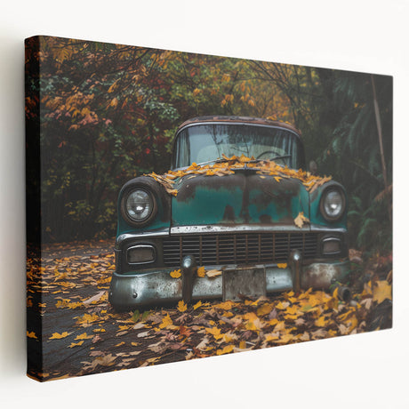 Canvas print of a colorful array of vintage trucks, ideal for kitchen wall art.