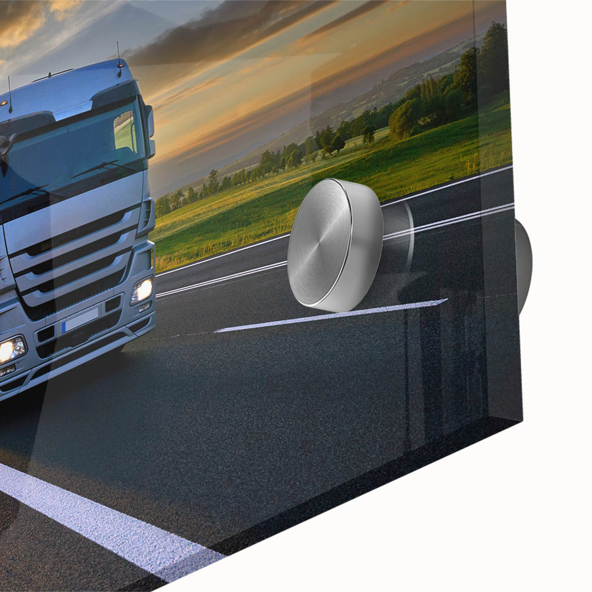 Mid-century modernist art of abstract trucks in neutral and earth tones on acrylic glass, suitable for dining room art.