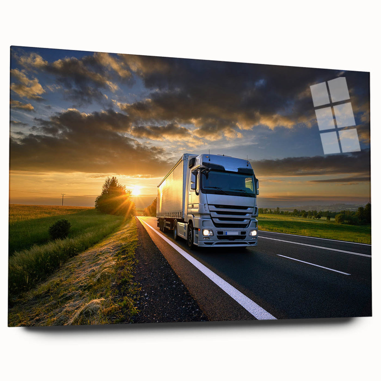 Side view of a truck in muted gray, acrylic print, ideal for bedroom or dining room art.