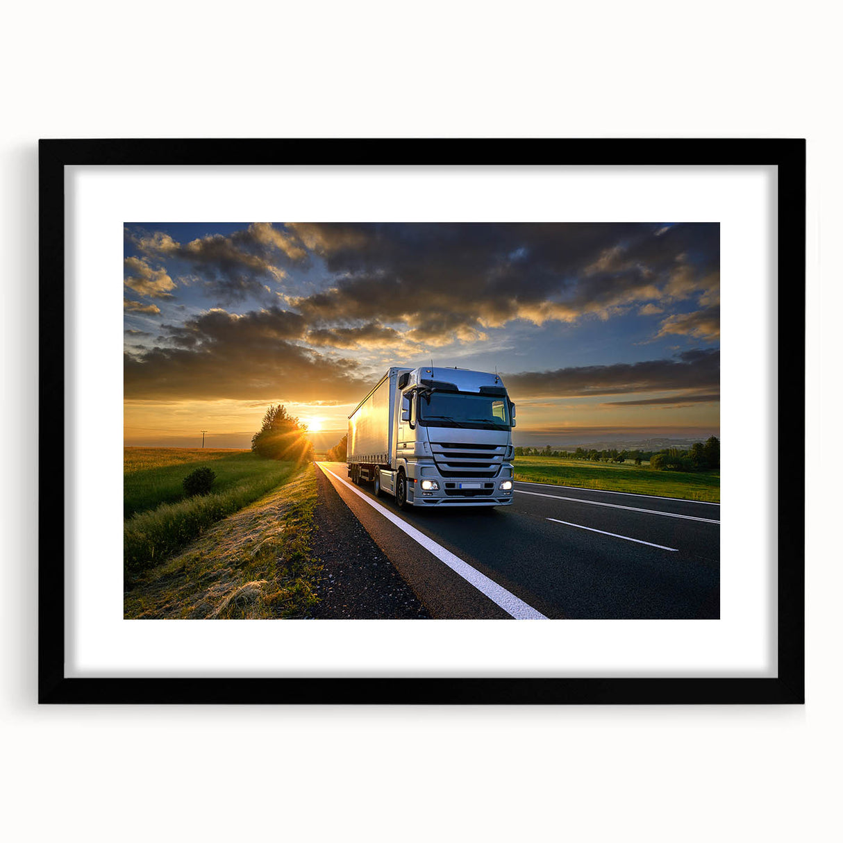Extra large abstract art print featuring colorful, textured trucks on a black framed canvas, ideal for living room decor.