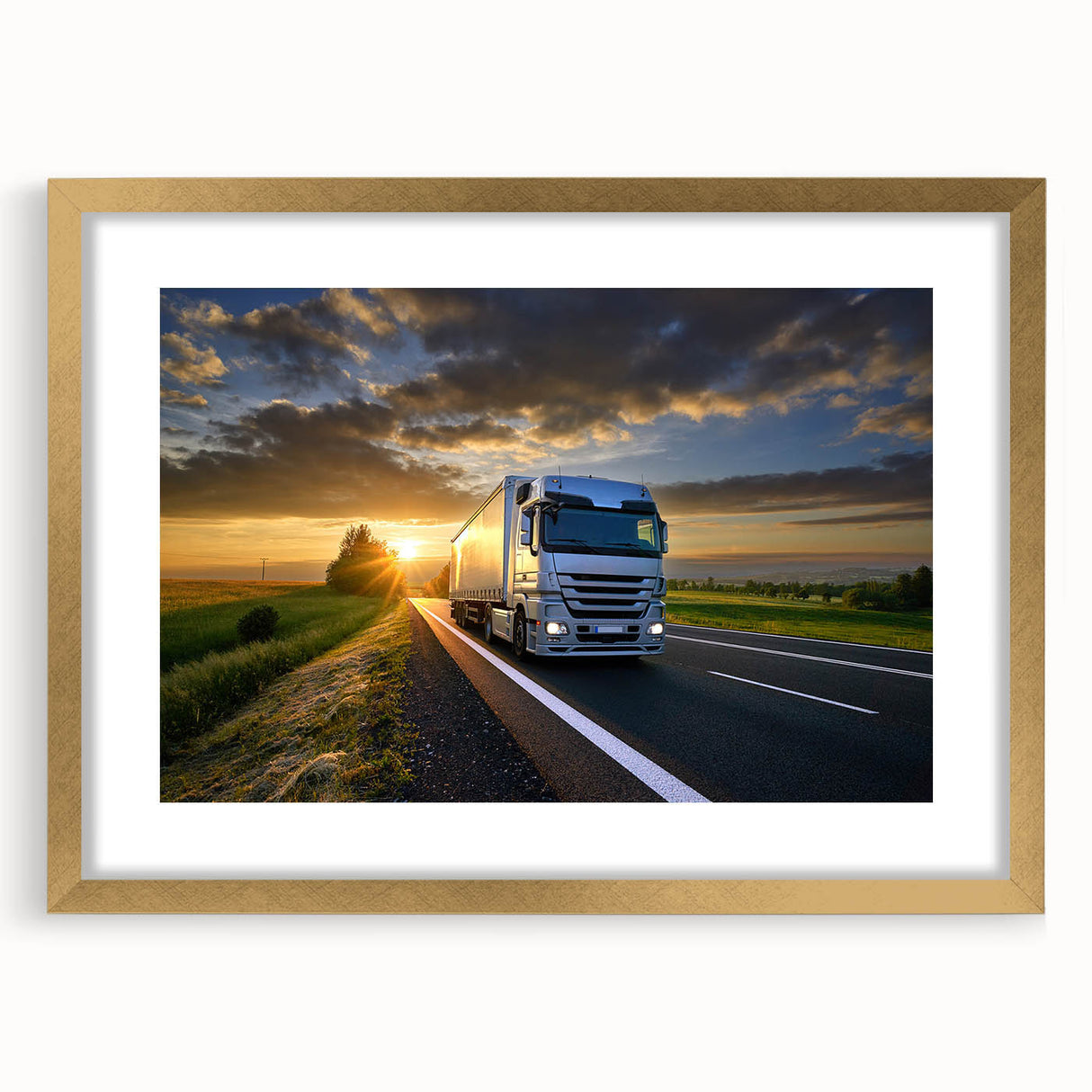 Abstract art print featuring textured trucks in muted earth tones on a large canvas, ideal for living room decor.