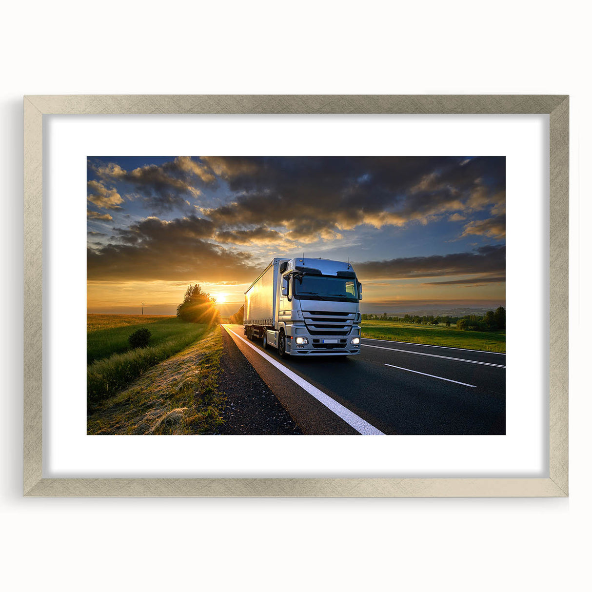 Textured abstract art print of colorful trucks on a silver-framed canvas, ideal for bedroom art.