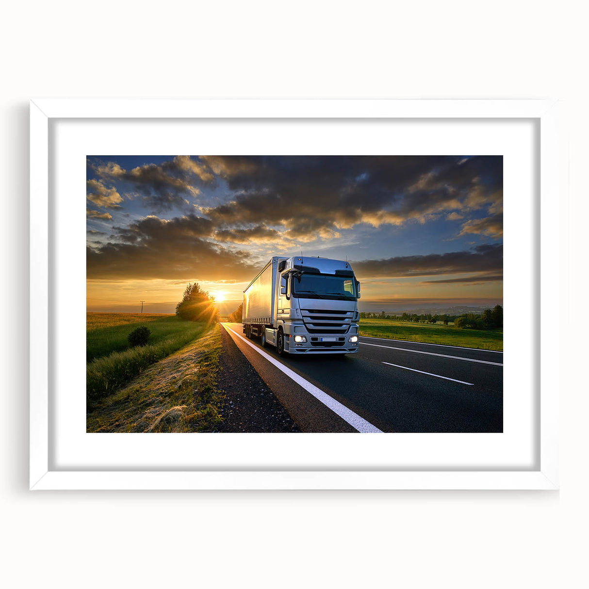 Abstract art print of colorful trucks in a row on a white framed poster, suitable for bedroom or dining room decor.
