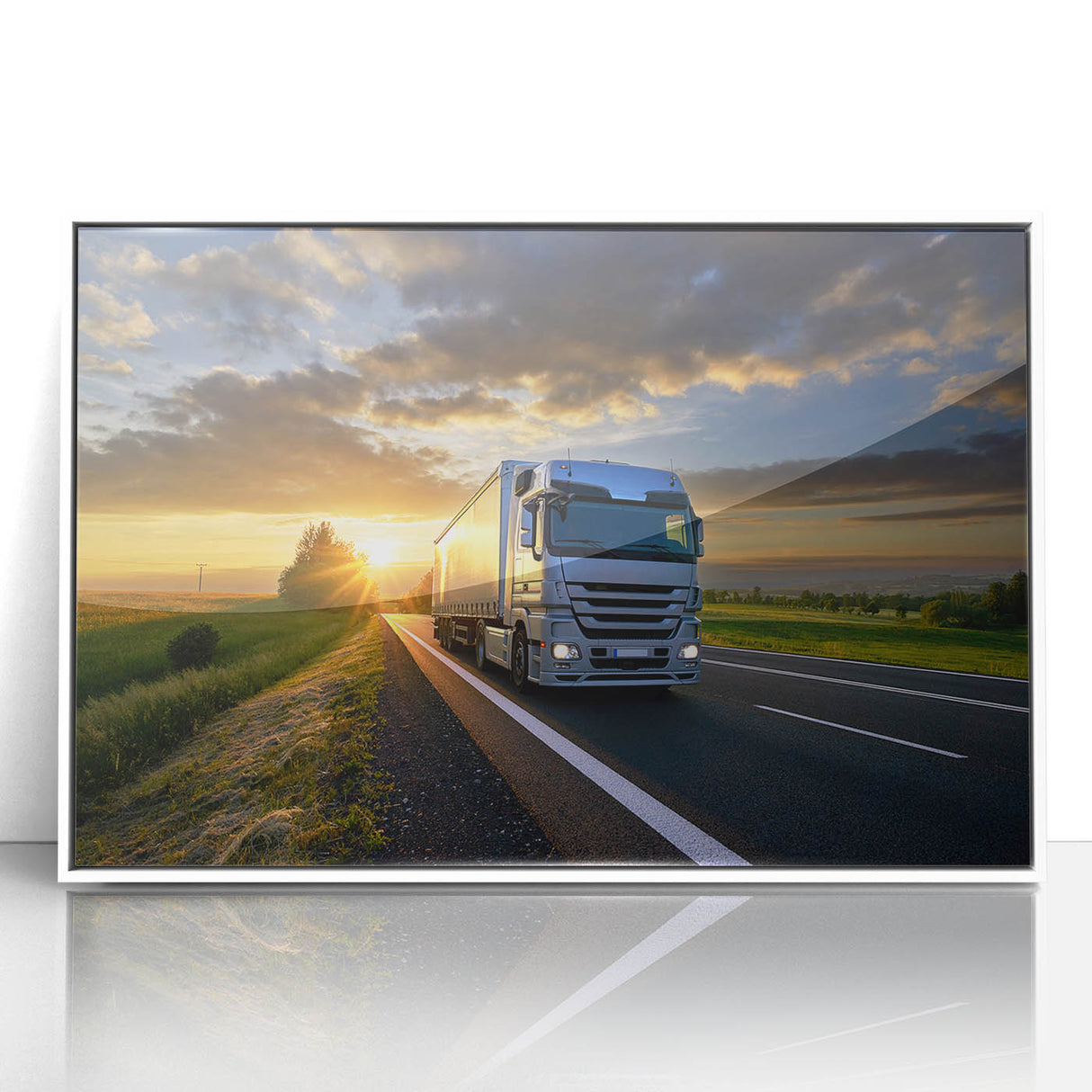 Art deco poster of colorful trucks on white acrylic, framed, ideal for nursery wall decor.