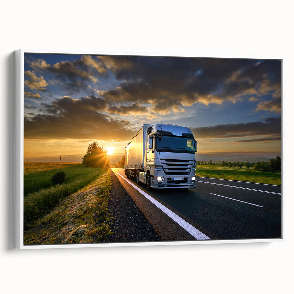 Framed canvas vintage poster art featuring a collection of colorful trucks on a black background.