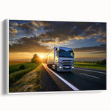 Framed canvas vintage poster art featuring a collection of colorful trucks on a black background.