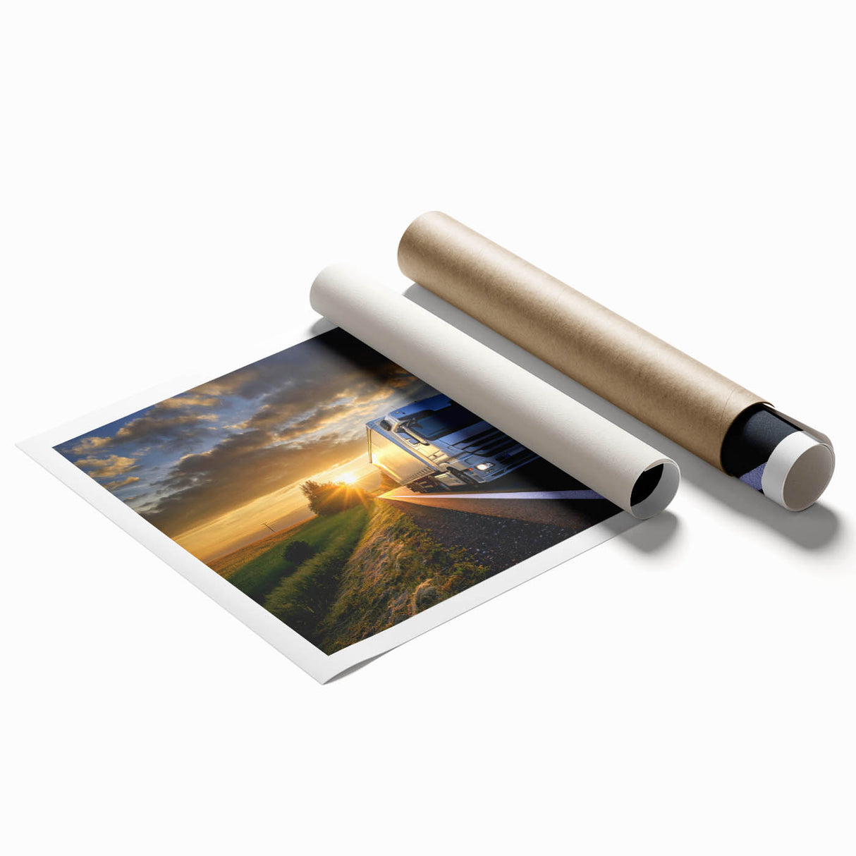Rolled print of a colorful collection of various trucks, ideal for playful children's room decor.