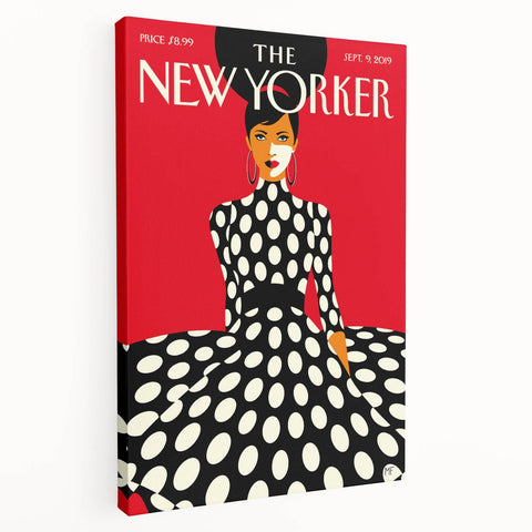 Vintage New Yorker Poster – Polka Dot Dress & Bold Red Background