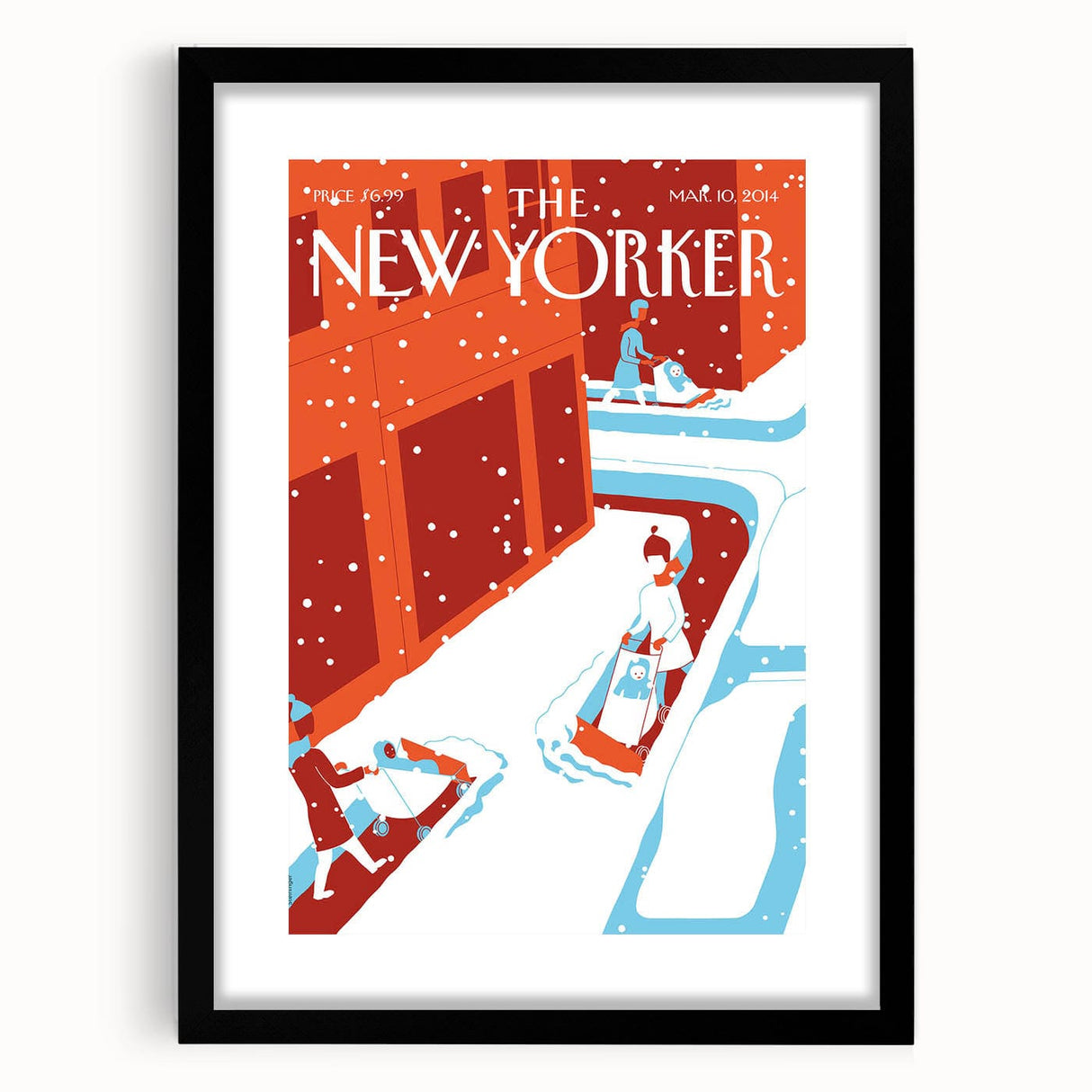 Vintage New Yorker Poster - 2014 Winter Scene with Sledding Family