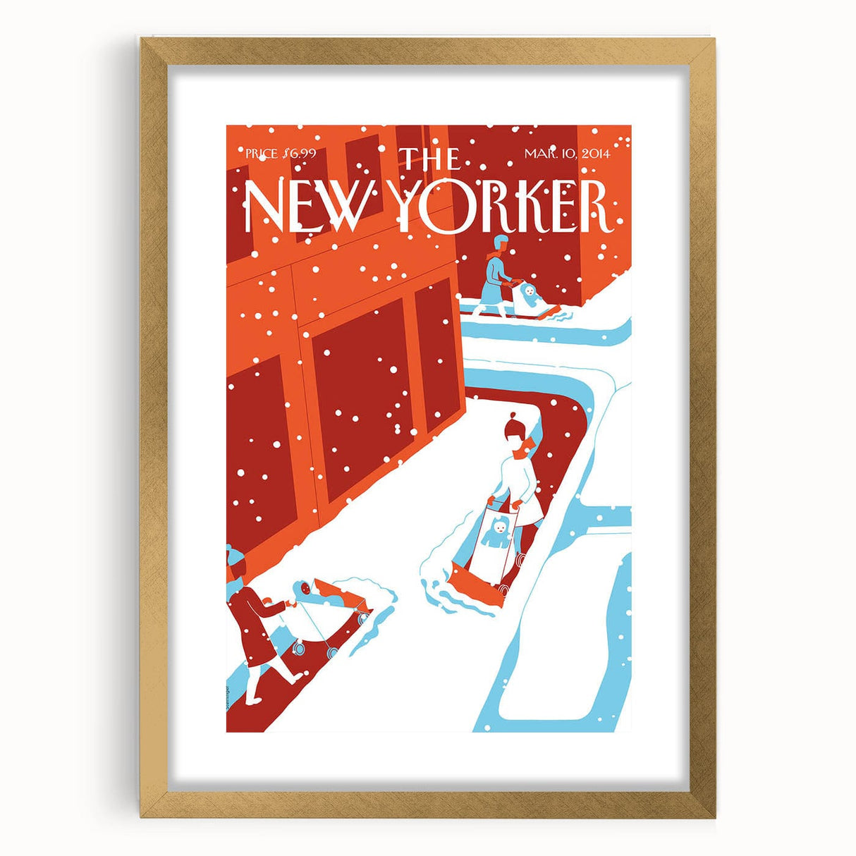Vintage New Yorker Poster - 2014 Winter Scene with Sledding Family