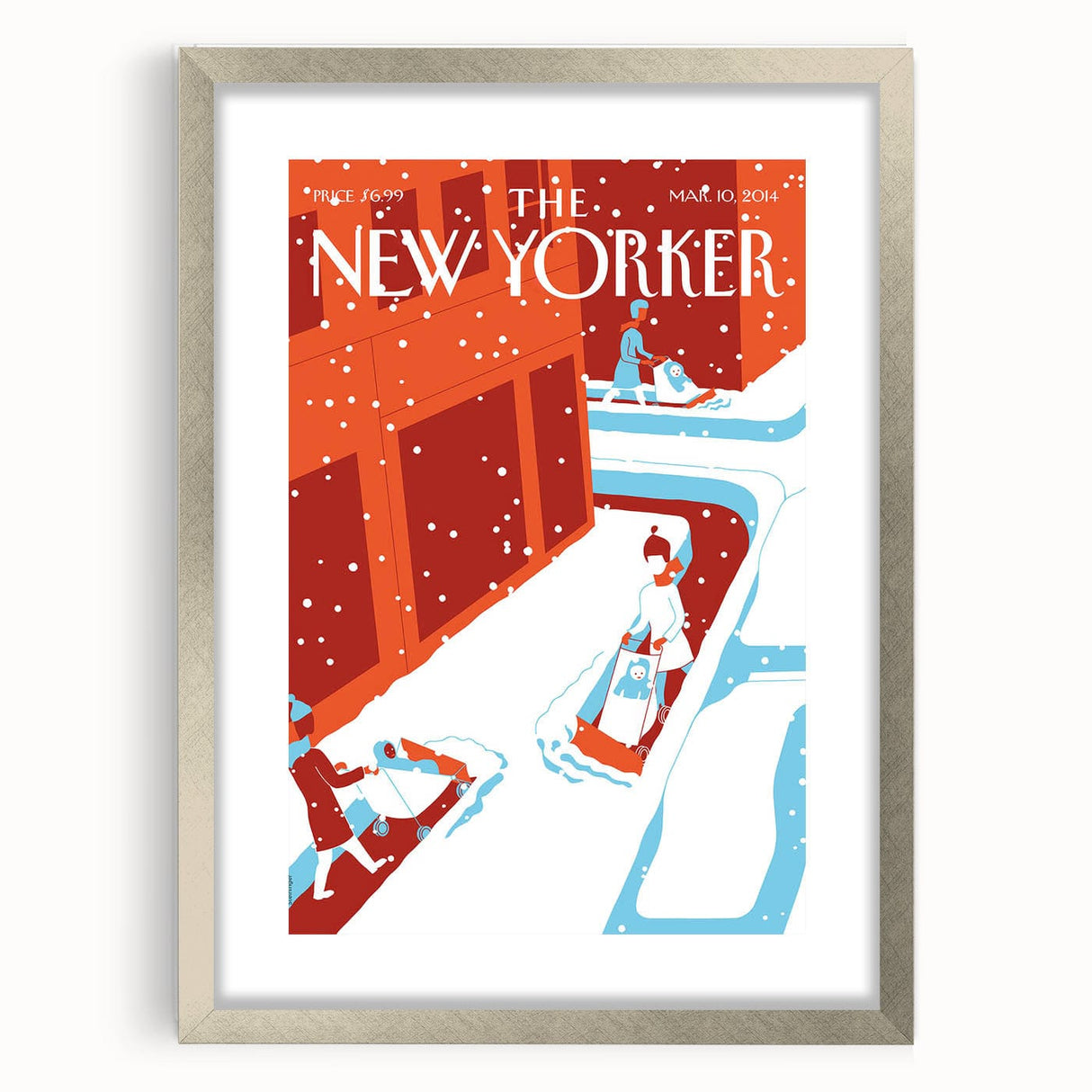 Vintage New Yorker Poster - 2014 Winter Scene with Sledding Family