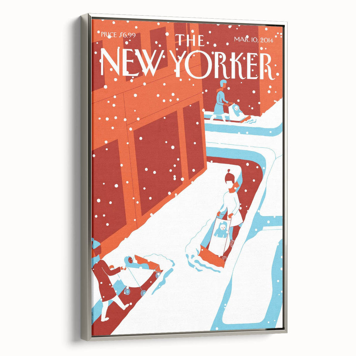 Vintage New Yorker Poster - 2014 Winter Scene with Sledding Family