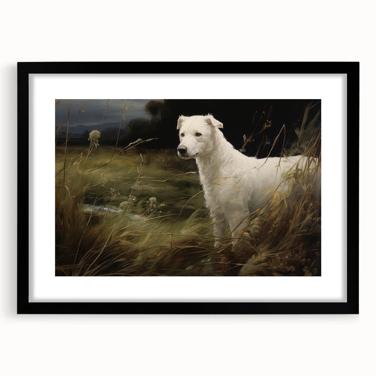 Vintage Animal Art: White Dog in Nature – Retro Wildlife Illustration