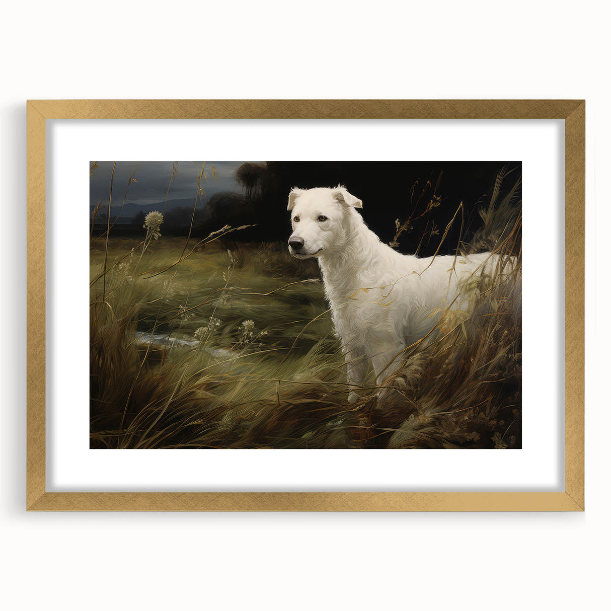 Vintage Animal Art: White Dog in Nature – Retro Wildlife Illustration